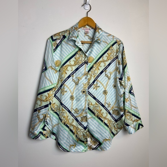 VTG Y2K Victoria Top S Women Secret Nautical Seaside Button Up Satin Whimsigoth - Picture 1 of 14